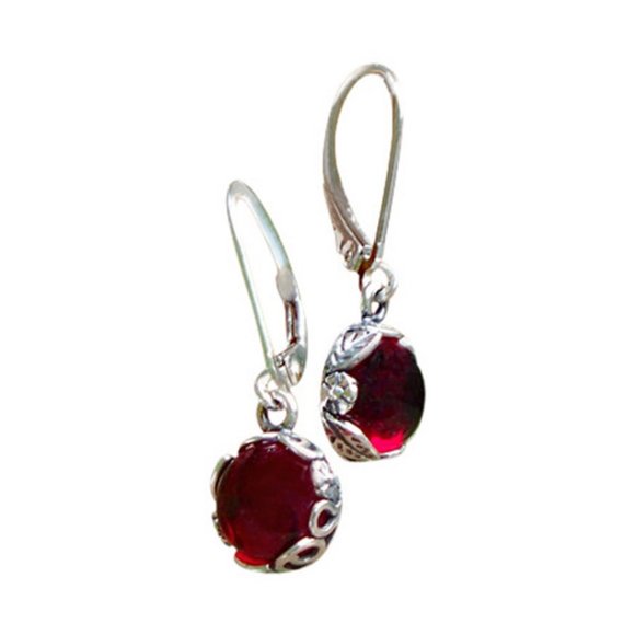Recycled Vintage 1940's Ruby Beer Bottle Sterling Botanical Lever back Earrings - Picture 1 of 4